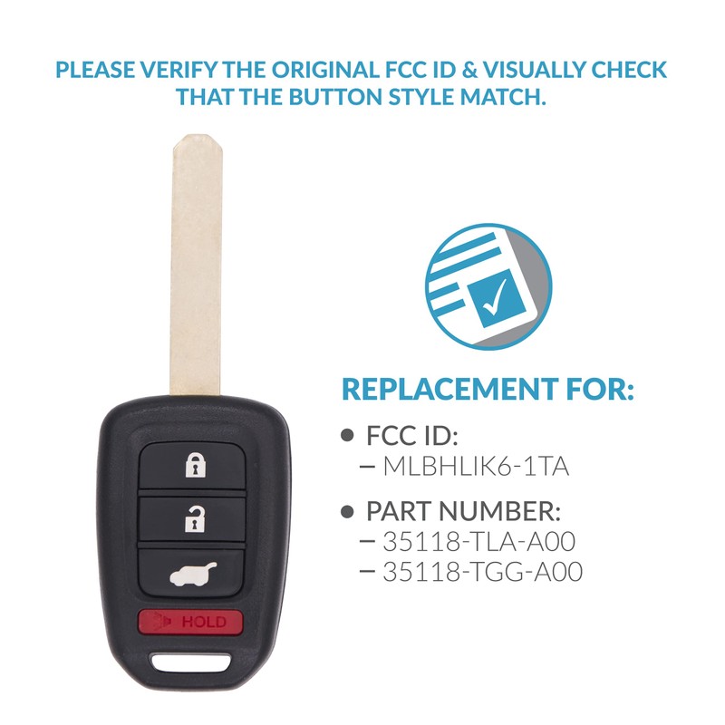 Keyless2Go Replacement for 4 Button Remote Head Key Honda MLBHLIK6-1TA