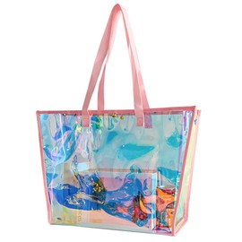 ONEART Clear Holographic Tote Bags, Iridescent Waterproof Top Handle Bag, Clear Jelly Totes Vocation Party Beach Bag, Pink Straps