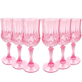 JUSONEY 7oz Vintage Plastic Wine Glasses,Crystal Textured Plastic Goblets,Disposable Wine Glasses for Parties,Weddings,Elegant Events(6-Pink)