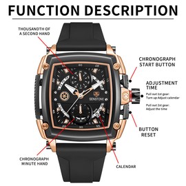 senstone Mens Watch Square Fashion Sports Multifunction Chronograph Quartz Analog Wristwatch Gift for Men Rubber Band Silicone Strap Watches - Rose Gold