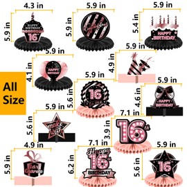 Happy 16th Birthday Rose Gold and Black Table Honeycomb Centerpieces Balloons Theme Decor Table Decorations Table Toppers for Girls Women Princess 16 Years Old Birthday Party Bday Supplies Background
