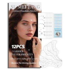 SUMEITANG Glitter Freckles Face Tattoo Patches - 12PCS Temporary Sparkle Face Stickers with 10 Remover Wipes | Waterproof Festival Rave Party Makeup Accessories for Women Girls (Silver)