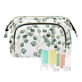 Kjovgcb Women Wave Quilt Cosmetic Bag, Zipper Toiletry Storage 10.2x5.9x6.7 in, Pouch Handbag Makeup Case Purse Holder Organizer Print Watercolor Eucalyptus Round Leaves Branches Seamless