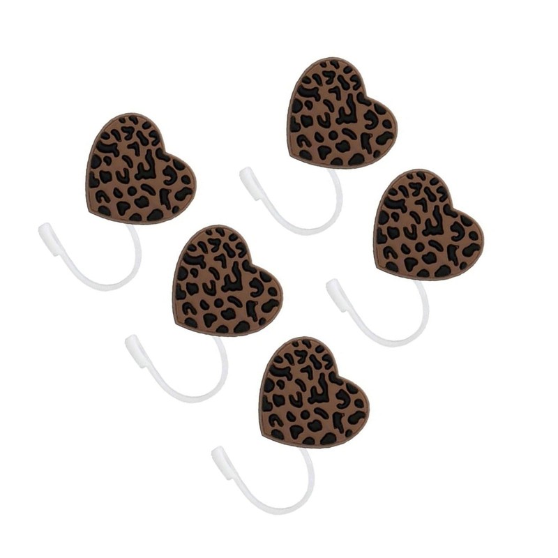 ROYALEAD 5pcs Straw Lid for Cups Heart-shaped Leopard Print Silicone