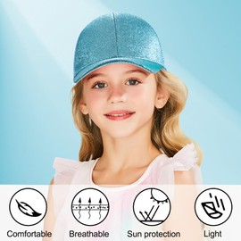 Tunejoy Girls' Baseball Cap Children's Glitter Baseball Cap Ponytail Hats Shiny Adjustable Sun Hat Little Girls Summer Baseball Cap for 3-8 Years Old, blue