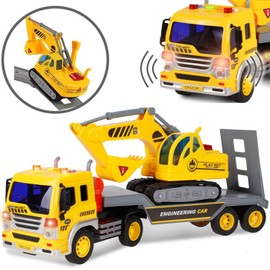 Liberty Imports Tow Truck with Excavator Toy for Kids, Construction Truck Toy with Excavator, Semi Truck with Lights and Sounds, Flatbed Truck Toy Push and Go Construction Vehicle for Boys, Girls