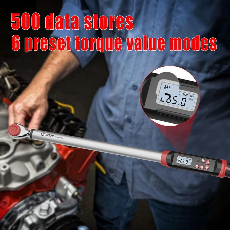 VANPO 1/2-Inch Drive Digital Torque Wrench(12.5-250.8 ft-lbs./17-340Nm), Accurate to ±2%,