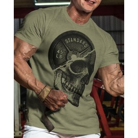 Gymish Lifestyle Gymish Lifestyle Skull Plate Gym Shirt, Work Out Deadlift Skull T-Shirt for Men (SM, SkullPlate Military Green)