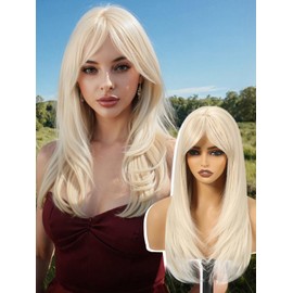 KOME Light Blonde Long Layered Wig with Curtain Bangs,Straight Hair Wigs for Women,Synthetic Heat Resistant Natural Looking Hair Wig for Party Cosplay Dality Use 24IN