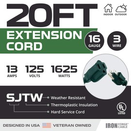 Iron Forge Cable 20 Foot Outdoor Extension Cord, 16/3 Green 20 Foot Extension Cord Indoor/Outdoor Use, 3 Prong, Weatherproof Jacket Extension Cord, Great for Gardens, Landscaping, Lawn Mower and More
