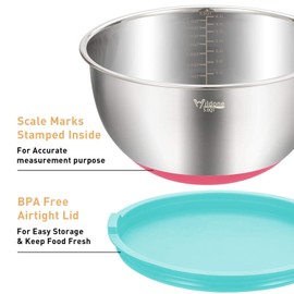 Wildone Mixing Bowls with Airtight Lids Set, 5PCS Stainless Steel Nesting Bowls for Kitchen, with Grater Attachments & Non-Slip Bottoms, Size 5, 3, 2, 1.5, 0.63 QT, for Baking & Serving (Colorful)