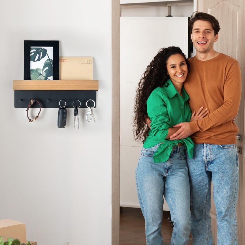 Wooden Key Rack with Shelf, Key Holder with 6 Hooks,