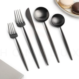 Homelux Theory 18/10 Stainless Steel Silverware Set, 2 Sets of 5pc Matte Black Silverware Set Dishwasher Safe, Modern Utensils & Flatware Set, Elegant Adaline Royal Forks Spoons Cutlery Set