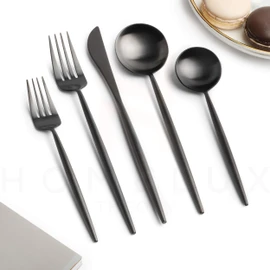 Homelux Theory 18/10 Stainless Steel Silverware Set, 2 Sets of 5pc Matte Black Silverware Set Dishwasher Safe, Modern Utensils & Flatware Set, Elegant Adaline Royal Forks Spoons Cutlery Set