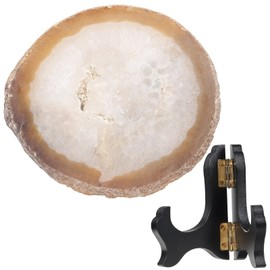 Nupuyai Artistic Print Natural Agate Slice with Wooden Stand for Home and Office Decoration Irregular Agate Stone Slab for Collection Minerals Snow Night
