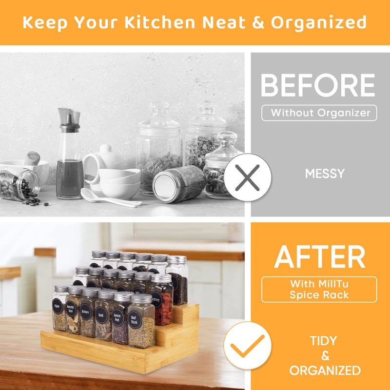 MillTu Bamboo Spice Rack Organizer for Cabinet 3 Tier Countertop