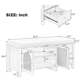Zaboro Retro Shoe Storage Bench with 2 Drawers and 2 Wicker Doors, Large Capacity Storage Shoe Stool with Cotton Cushion, for Living Room, White