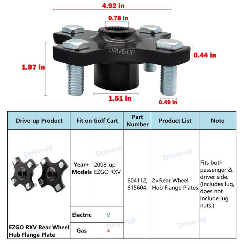 Drive-up 2 Pack EZGO Rear Wheel Hub Flange Plate for