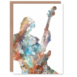 Artery8 Greeting Card Bass Player Musician Bassist Watercolour Painting Blank For All Him Or Her Art Birthday Card