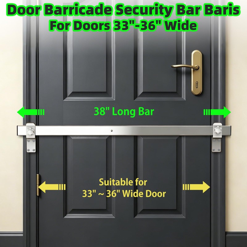 38" Stainless Steel Door Security Bar, Fits Doors 33"-36" Wide
