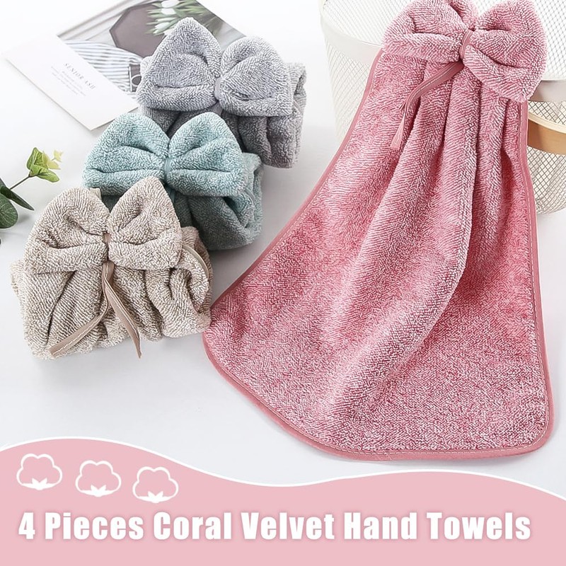 4Pcs Bowknot Hanging Hand Dry Towels, Microfiber Coral Velvet Hand