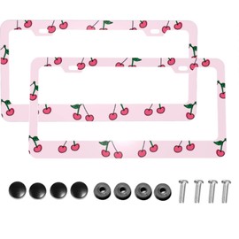 Delerain Cherry 2Pcs License Plate Frame, Aluminum Metal with Screw Caps 2 Holes Car Tag Cover Holder Frames or US Standard Vehicles