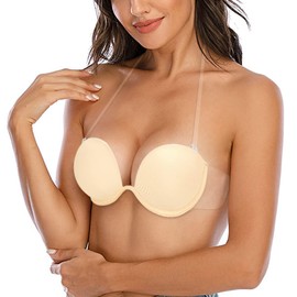 HANSCA Women Sticky Backless Strapless Plunge Self Adhesive Invisible Bras Underwired Push Up (Nude Color, Cup B)
