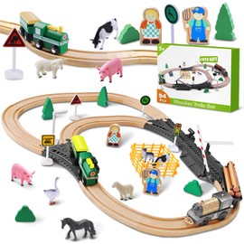 Wooden Train Track Set for Toddler, 54-Piece Farm Train Toy Set for Kids 3-5 w/Full Color Instruction, Double Sided Tracks Fit Brio, Thomas, Realistic Train Railway Playset Birthday Gifts Boys Girls