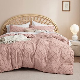 Bedsure Boho Duvet Cover King Size - Boho Bedding, Tufted King Duvet Cover for All Seasons, 3 Pieces Embroidery Shabby Chic Home Bedding,Comforter Not Included (Pink, 104" x 90")