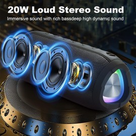 Ykall Bluetooth Speaker 20W, Portable Bluetooth Speaker Wireless with FM Radio, HD Stereo 36-Hours Playtime, IPX6 Waterproof, Wireless Stereo Pairing, With RGB Lights for Outdoor, Travel, Home