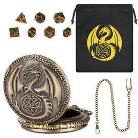 Mini DND Dice Set with Steampunk Dragon Pocket Watch Case, Tiny 7-Piece Polyhedral Metal D&D Dice, DND Gifts with Dragon Logo Gift Bag, Role Playing Game Board Game Accessories Dice, Bronze