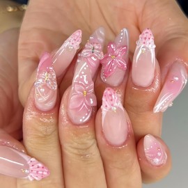 24Pcs 3D Flower Press on Nails Medium Almond French Fake Nails with Gold Beads Butterfly Rhinestones Design Cute Stick on Nails Artificial Nails Embossed Flowers Glue on Nails False Nails for Women
