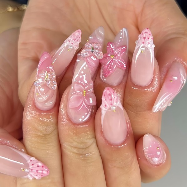 24Pcs 3D Flower Press on Nails Medium Almond French Fake