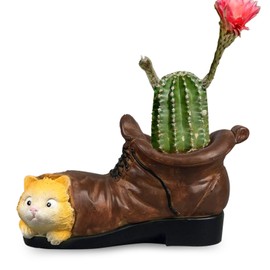 Milnnie Cute Shoe Cat Resin Planter – 5" x 3" x 3" Rustic Animal Flower Pot for Succulents, Cactus, or Small Plants, Whimsical Country-Style Shoe Decor for Desktop, Garden, or Patio
