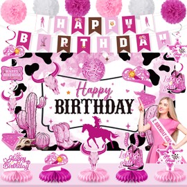 Disco Cowgirl Birthday Party Decorations, Western Disco Cowgirl Birthday Banner Hanging Swirls Honeycomb Centerpieces, Cowgirl Birthday Sash, Paper Pom Poms for Disco Cowgirl Bachelorette Party Decor