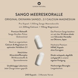 SUNDAY NATURAL Sango Sea Coral Capsules - 240 Capsules - 660mg Calcium High Dose & 330mg Magnesium in 2:1 Ratio - Premium Sango Coral from Japan - Laboratory Tested, No Other Additives
