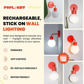 Poplight Wireless Wall Sconce (Shark Tank) Rechargeable & Dimmable LED Light w/App Control & Damage-Free Install, Moveable Modern Ambient Lighting for Elegant Home & Bedroom Decor | Vermillion Red