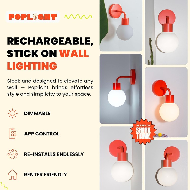 Poplight Wireless Wall Sconce (Shark Tank) Rechargeable & Dimmable LED