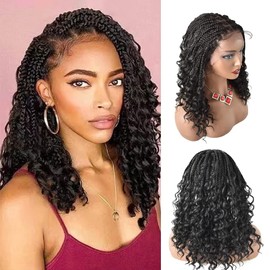 Healthlif 18 Inch HD Lace Front Knotless Box Braided Wigs With Baby Hair For Black Women Synthetic Hair Braiding Wig Short Braid Wigs With Boho Curly Cornrow Handmade Braiding Wigs#1B