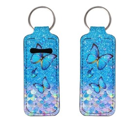 2Pcs Print Chapstick Holder Keychain Lip Balm Holder Chapstick Sleeve Pouch Lipstick Holders for Women Girls (Blue, One Size)