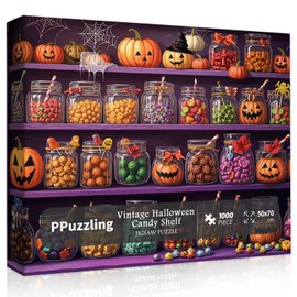 Rompecabezas de 1000 piezas con estante de caramelos de Halloween para adultos, desafiantes tarros de caramelos coloridos rompecabezas con calabazas, telarañas, sombreros de bruja, divertido