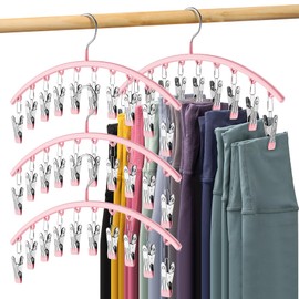 Volnamal Legging Organizer for Closet, Metal Yoga Pants Hangers 4 Pack w/10 Clips Holds 40 Leggings, Hangers Space Saving Hanging Closet Organizer w/Rubber Coated Closet Organizers and Storage, Pink