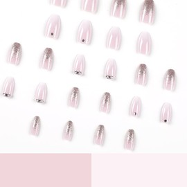 Press on Nails Medium Coffin French Tip Fake Nails with Nude Gradient Glitter Design Full Cove False Nails Medium Short Glossy Acrylic Glue on Nails Thick Stick on Nail for Women 24Pcs JP2146
