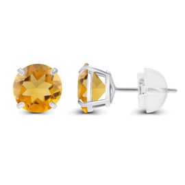 Genuine 10K Solid White Gold 6mm Round Natural Citrine November Birthstone Stud Earrings