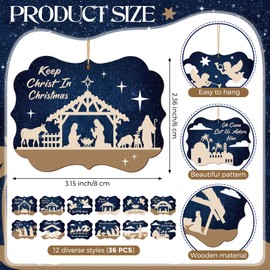 Soaoo 36 Pcs Nativity Scene Christmas Ornaments Wooden Nativity Xmas Tree Hanging Decorations Bulk Square Jesus Christian Religious Hanging Ornaments Birth of Jesus Ornaments for Xmas Tree Advent