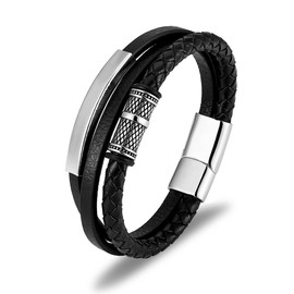 SeiMios Black Leather Bracelet for Men –8.5" Genuine Multi-Layer Braided Wristband Stainless Steel Jewelry for Him