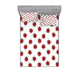 Ambesonne Ladybugs Fitted Sheet & Pillow Sham Set, Ladybugs Pattern Bunch of Bugs Infinite Speckled Marked Insect Theme Playroom Kids, Decorative Printed 3 Piece Bedding Decor Set, Full, White