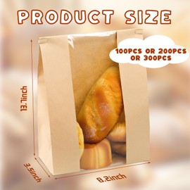 DeziWood 300 Packs Paper Bread Bags for Homemade Bread, Sourdough Bread Bags with Tin Strip, Bakery Packaging Bags with Clear Window for Cookies Bread (13.7x8.2x3.5 inch)