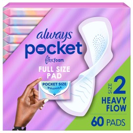Always Pocket Feminine Pads with FlexFoam, Size 2, Heavy Flow, with Wings, Unscented, 60 Count (3 Packs of 20)