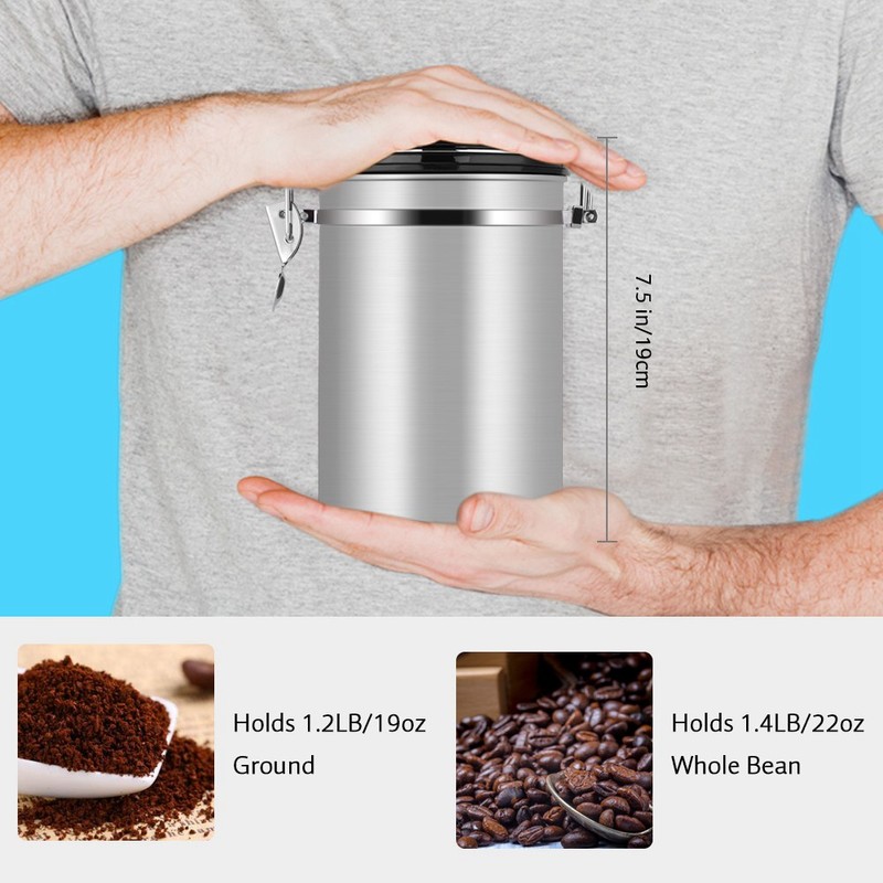 Coffee Container Large Airtight Stainless Steel Black Kitchen Storage Canister(Silver